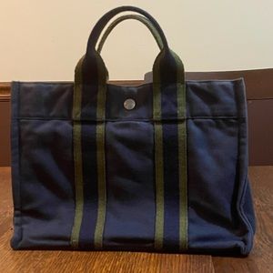 Hermés Fourre Tout PM Tote Bag Navy Blue Green Canvas F9153 Authentic